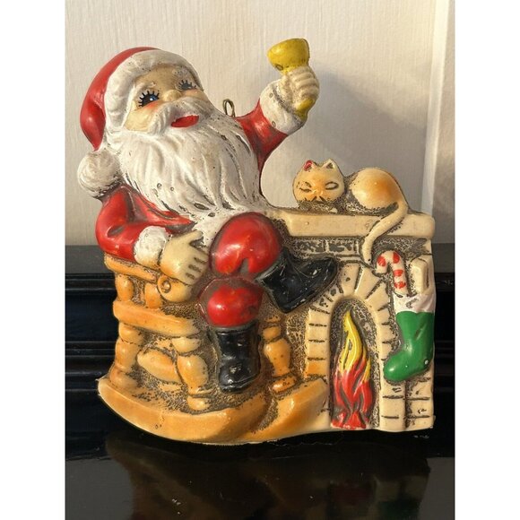 4 Vintage Ornaments Flocked Santa & Mrs Claus Christmas Mouse Santa by Fire - Picture 2 of 11